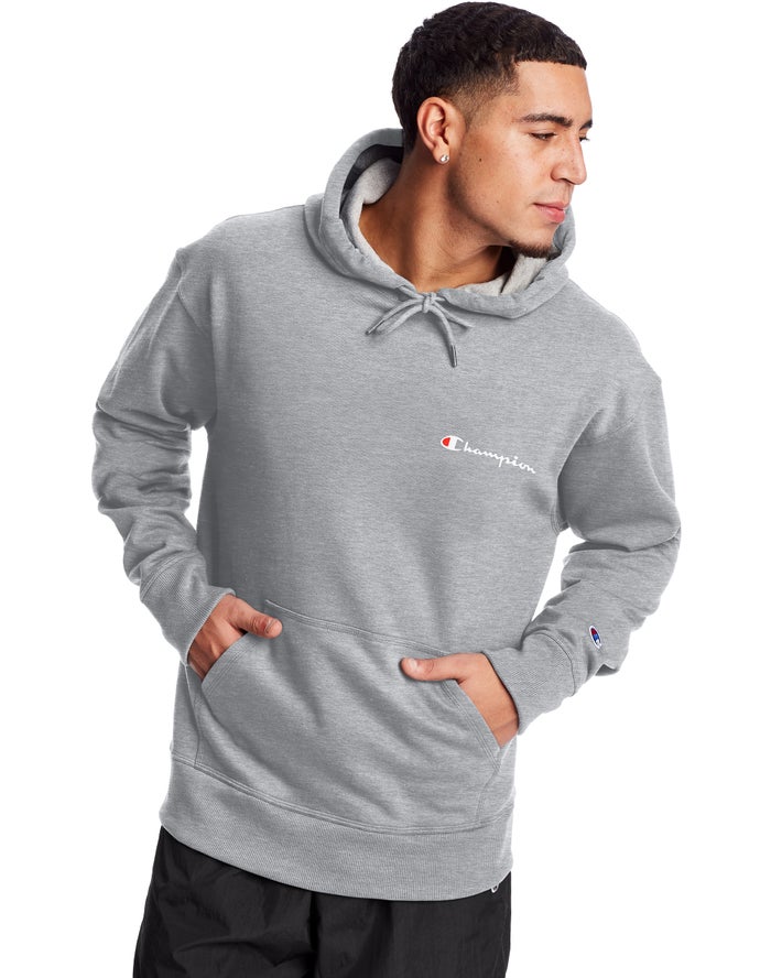 Champion Powerblend Fleece Script Logo Erkek Kapşonlu Sweatshirt Gri ( UTKEPW578 )